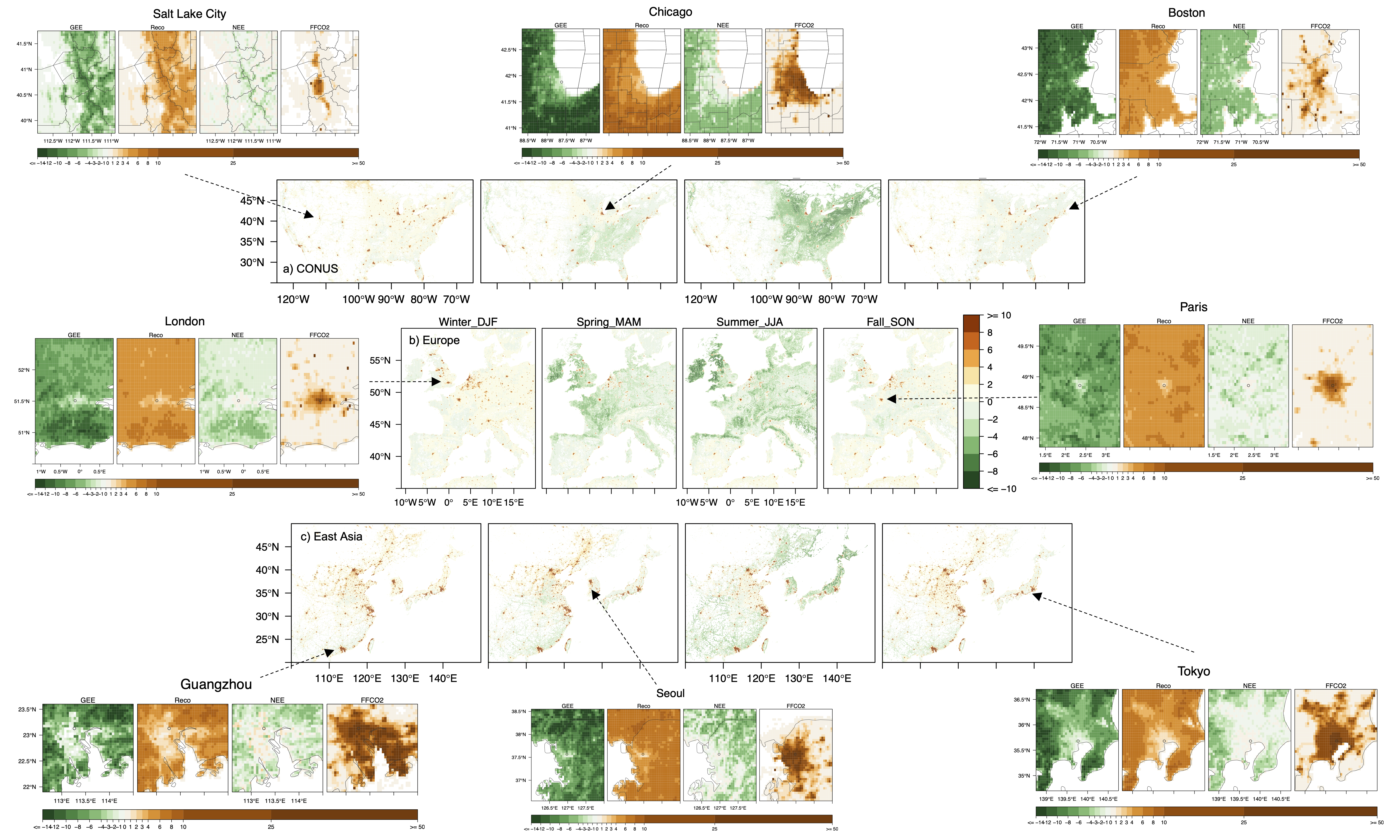 SMUrF biogenic fluxes over cities in several regions